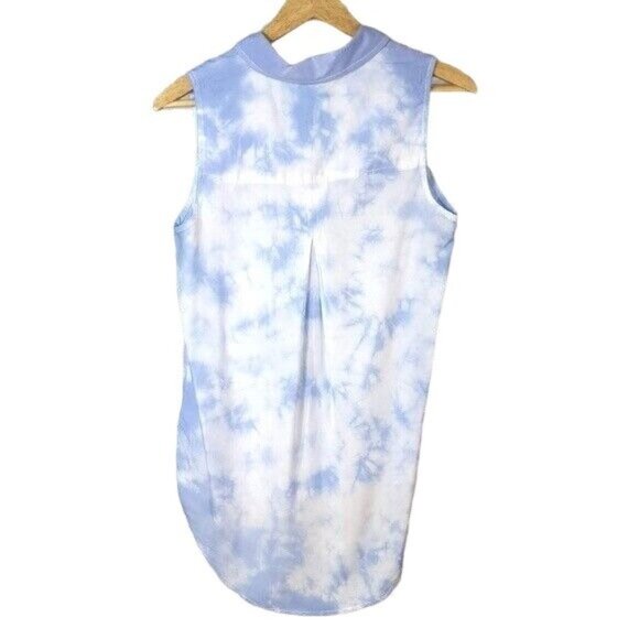 Beach Lunch Lounge Button Top Blue White Small Collar Hi Lo Cloud Sleeveless - Picture 3 of 6